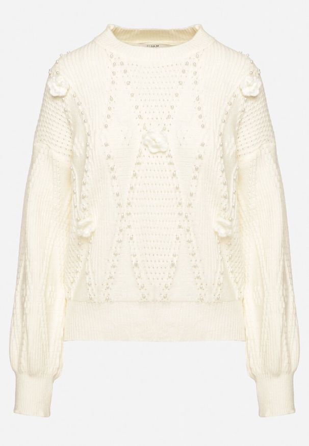 Born2be - Jasnobeżowy Sweter z Bawełną Perłami i Kwiatami 3D Noraviela. Okazja: na co dzień, na spacer. Kolor: beżowy. Materiał: bawełna. Wzór: kwiaty. Styl: casual, elegancki