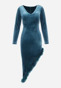 Born2be - Ciemnozielona Asymetryczna Sukienka Welurowa z Piórkami Ganzoria. Kolor: zielony. Materiał: welur. Wzór: aplikacja. Typ sukienki: asymetryczne. Długość: midi #3