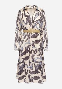 Born2be - Beżowo-Szara Kopertowa Sukienka w Abstrakcyjny Wzór z Gumką w Talii i Paskiem Zinnitaria. Okazja: na co dzień. Kolor: beżowy. Materiał: jeans. Typ sukienki: kopertowe. Styl: casual, klasyczny #4