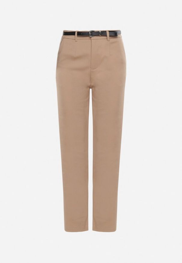 Born2be - Ciemnobeżowe Klasyczne Spodnie na Suwak i Haftkę Ozdobione Paskiem Liloena. Okazja: na co dzień, do pracy, na spotkanie biznesowe. Kolor: beżowy. Materiał: bawełna. Wzór: aplikacja. Styl: klasyczny