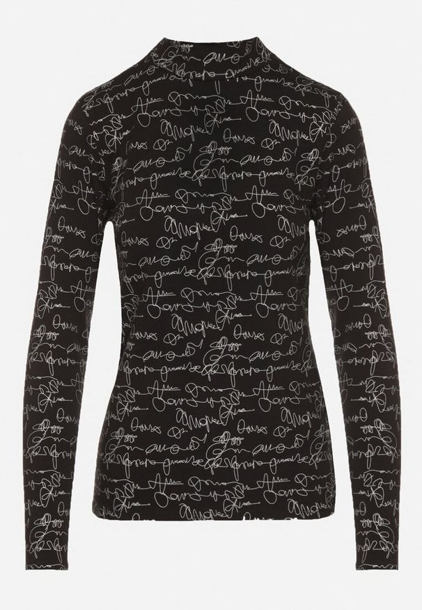 Born2be - Czarna Bluzka z Bawełny w Stylu Longsleeve z Półgolfem w Literowy Nadruk Azelenia. Okazja: na co dzień. Kolor: czarny. Materiał: bawełna. Długość rękawa: długi rękaw. Wzór: nadruk. Styl: casual