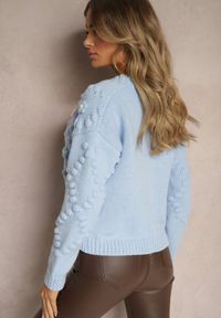 Renee - Jasnoniebieski Kardigan z Pomponami i Kwiatkami 3D w Stylu Retro Terilaya. Okazja: na co dzień, na spotkanie biznesowe. Kolor: niebieski. Materiał: bawełna. Wzór: kwiaty. Styl: retro