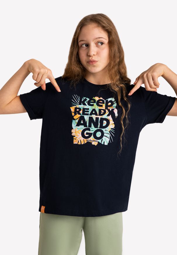 Volcano - Czarna dziewczęca koszulka z kolorowym nadrukiem T-READY JUNIOR. Kolor: niebieski. Materiał: materiał, bawełna, prążkowany. Długość rękawa: krótki rękaw. Długość: krótkie. Wzór: nadruk, kolorowy. Sezon: lato. Styl: klasyczny