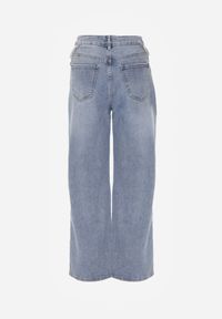 Born2be - Niebieskie Bawełniane Szerokie Jeansy z Wysokim Stanem Wycięciami i Perełkami Felatia. Okazja: na imprezę, na co dzień. Stan: podwyższony. Kolor: niebieski. Styl: casual, klasyczny #4