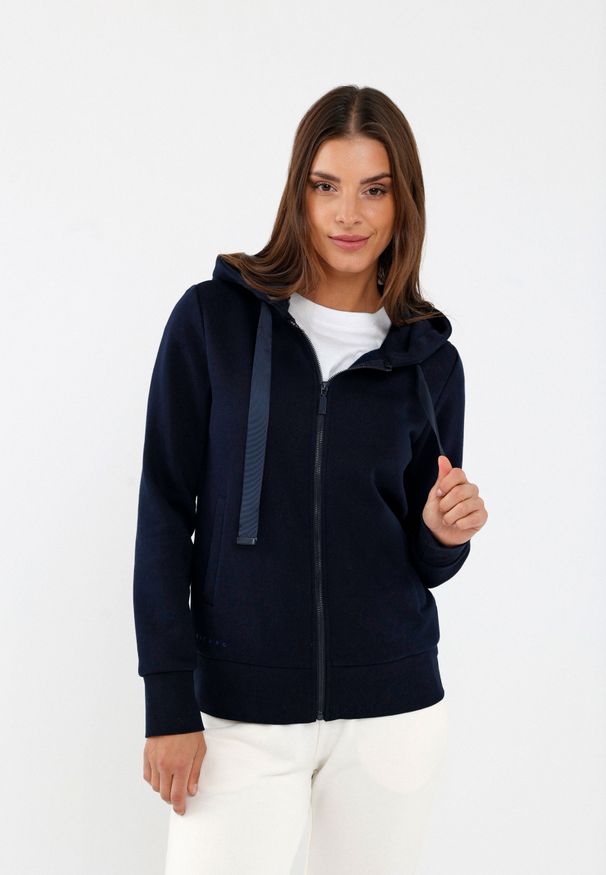 Volcano - Bluza z kapturem B-LAILA. Typ kołnierza: kaptur. Kolekcja: plus size. Kolor: niebieski. Materiał: dzianina, poliester, materiał, dresówka, bawełna. Wzór: aplikacja, napisy, jednolity. Styl: sportowy