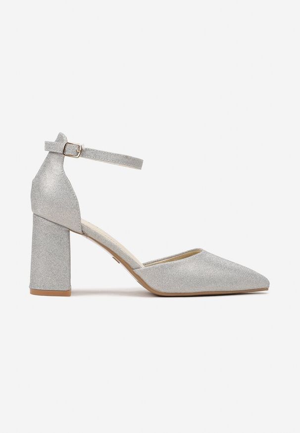 Renee - Złote Brokatowe Czółenka na Słupku Loresi. Nosek buta: szpiczasty. Zapięcie: sprzączka. Kolor: złoty. Materiał: jeans. Obcas: na słupku. Styl: elegancki