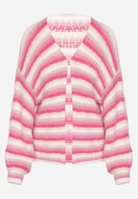 Born2be - Fuksjowy Kardigan z Wiskozą i Wełną w Paski Quessae. Kolor: różowy. Materiał: wełna, wiskoza. Wzór: paski. Styl: elegancki #4