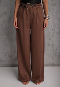 Renee - Brązowe Spodnie Szerokie z Dodatkiem Bawełny High Waist z Metaliczną Klamrą Azaerixis. Okazja: na co dzień. Stan: podwyższony. Kolor: brązowy. Materiał: bawełna. Styl: casual #2