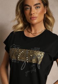 Renee - Czarny Bawełniany T-shirt z Cyrkoniami Perłami i Rękawami Nietoperz Inellira. Kolor: czarny. Materiał: bawełna. Wzór: aplikacja #3