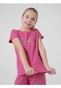 4f - T-shirt z nadrukiem dziewczęcy. Kolor: różowy. Materiał: dzianina, bawełna. Wzór: nadruk