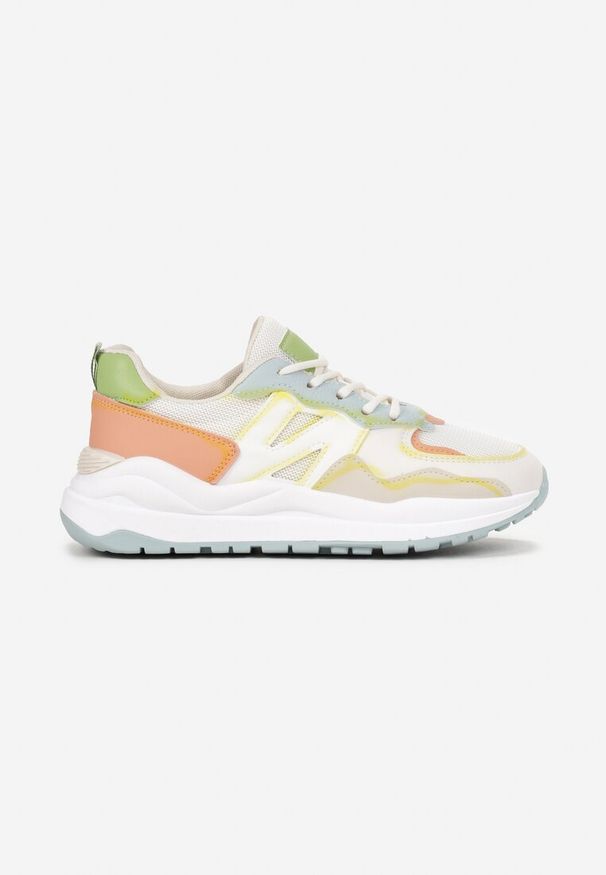 Renee - Biało-Pomarańczowe Sneakersy Przed Kostkę Zdobione Przeszyciami Flallesi. Wysokość cholewki: przed kostkę. Kolor: biały. Wzór: aplikacja