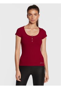 Guess T-Shirt Karlee Jewel W2YP24 KBCO2 Bordowy Slim Fit. Kolor: czerwony. Materiał: wiskoza