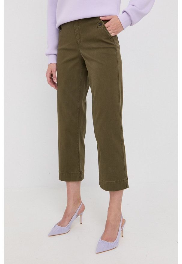 Spanx spodnie damskie kolor zielony proste high waist. Okazja: na co dzień. Stan: podwyższony. Kolor: zielony. Materiał: tkanina. Styl: casual