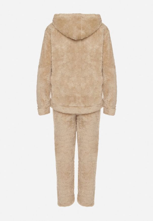 Born2be - Beżowy Pluszowy Komplet Dresowy Spodnie i Zasuwana Bluza z Kapturem Salanessa. Kolor: beżowy. Materiał: dresówka. Sport: turystyka piesza