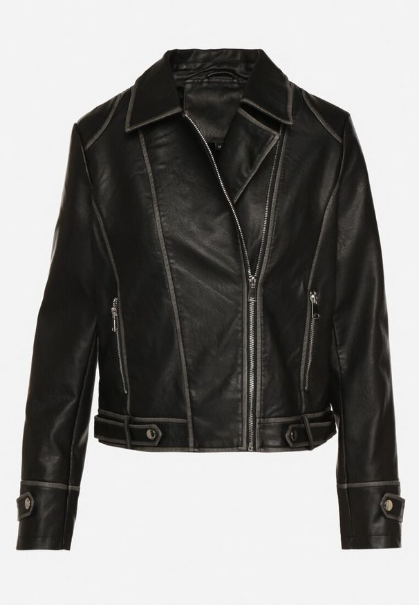 Born2be - Czarna Kurtka Ramoneska z Nitami i Ozdobnymi Przeszyciami Adivila. Okazja: na co dzień. Kolor: czarny. Materiał: jeans. Styl: rockowy, elegancki, klasyczny, casual