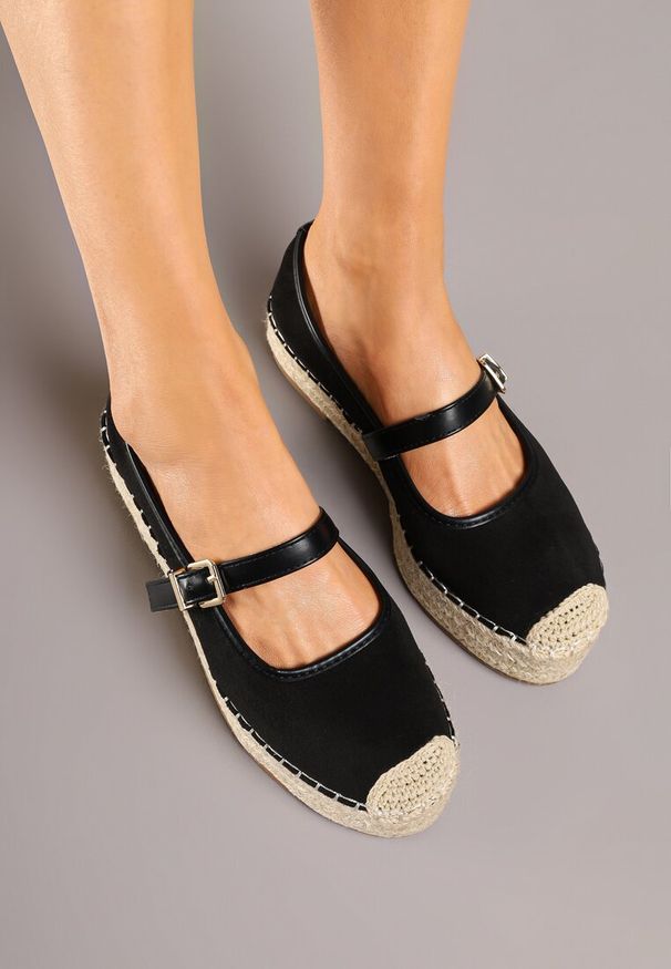 Renee - Czarne Espadryle z Plecionką i Paskiem Fevolise. Okazja: na spacer, na plażę, na co dzień. Zapięcie: pasek. Kolor: czarny. Materiał: jeans. Sezon: lato. Obcas: na platformie. Styl: casual, elegancki