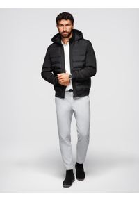 Ombre Clothing - Pikowana kurtka bomberka z kapturem i dzianinowymi rękawami – czarna V1 - Rozmiar: XL. Typ kołnierza: kaptur. Kolor: czarny. Materiał: dzianina. Wzór: aplikacja, nadruk. Styl: klasyczny #4