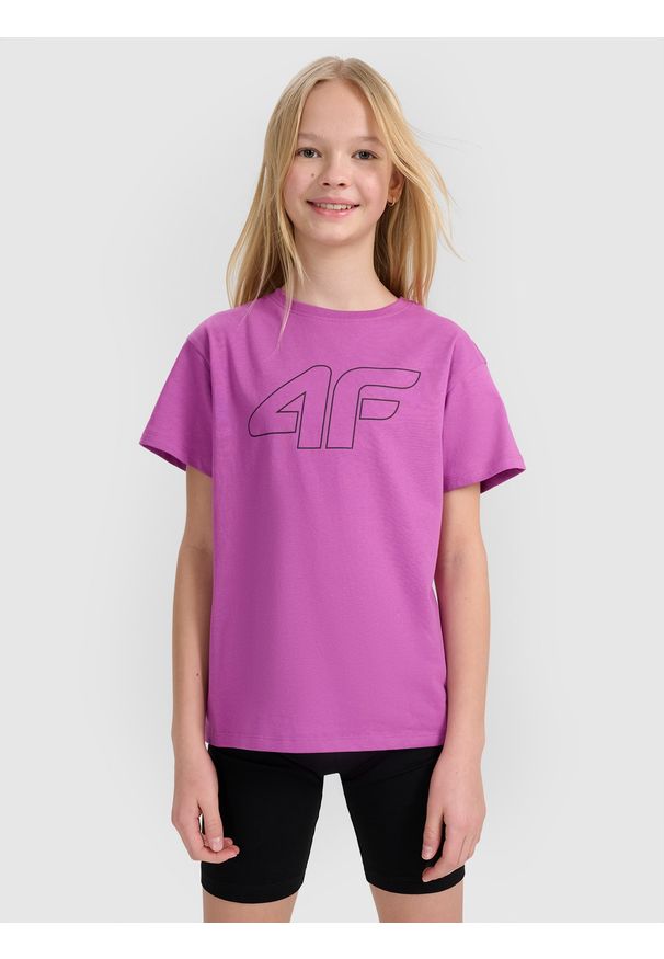 4f - 4F T-shirt oversize z nadrukiem dziewczęcy - fioletowy 140 (9-10 lat). Okazja: na co dzień. Kolor: fioletowy. Materiał: jersey, bawełna, dzianina. Wzór: nadruk. Sezon: lato. Styl: casual, klasyczny, sportowy