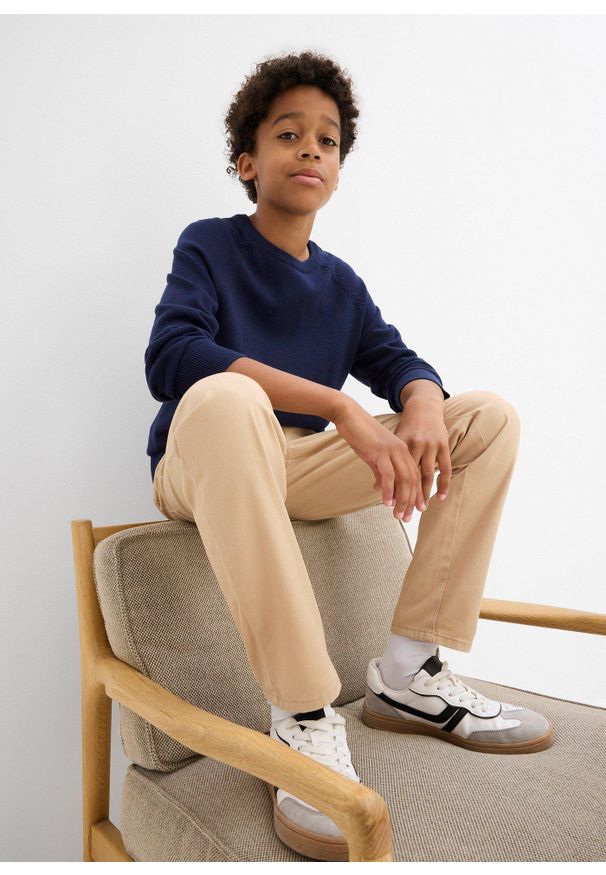 bonprix - Bawełniane spodnie z gumką w talii regular fit, prosta nogawka. Kolor: beżowy. Materiał: bawełna