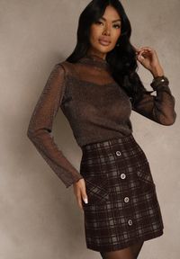 Renee - Brązowa Spódnica z Wiskozą z Metalicznymi Przeszyciami i Ozdobnymi Guzikami Sewzela. Kolor: brązowy. Materiał: wiskoza. Wzór: aplikacja. Styl: elegancki #1