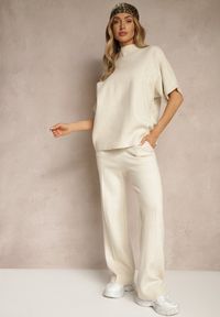 Renee - Jasnobeżowy Komplet Oversize z Dzianiny z Wiskozą T-shirt i Spodnie o Szerokim Kroju Linneathra. Kolor: beżowy. Materiał: wiskoza, dzianina