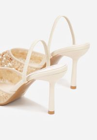 Renee - Beżowe Szpilki Slingback Zdobione Perełkami i Cekinami Irifera. Okazja: na studniówkę, na co dzień. Zapięcie: bez zapięcia. Kolor: beżowy. Materiał: satyna, jeans. Wzór: aplikacja. Obcas: na szpilce. Styl: casual, elegancki #4