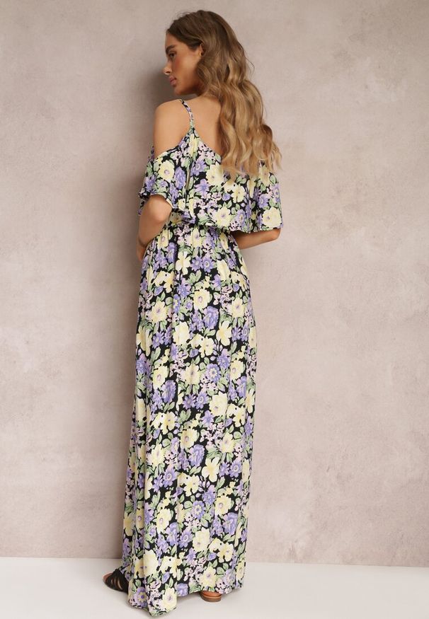 Renee - Fioletowo-Żółta Sukienka Maxi Bawełniana w Kwiaty z Falbanką Saranna. Kolor: fioletowy. Materiał: bawełna. Długość rękawa: na ramiączkach. Wzór: kwiaty. Długość: maxi