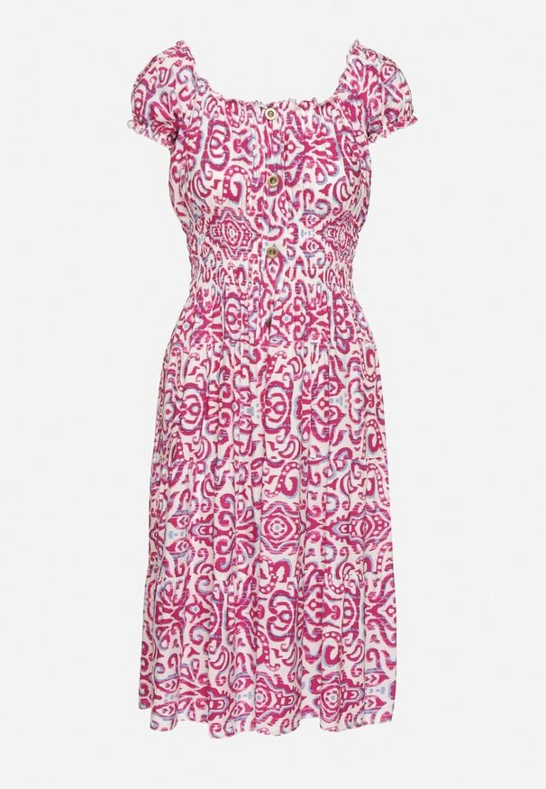 Born2be - Różowa Sukienka z Bawełny w Ornamentalny Wzór z Gumką w Pasie Natirissa. Okazja: na co dzień. Kolor: różowy. Materiał: bawełna. Długość rękawa: krótki rękaw. Sezon: lato. Typ sukienki: proste. Styl: casual, elegancki