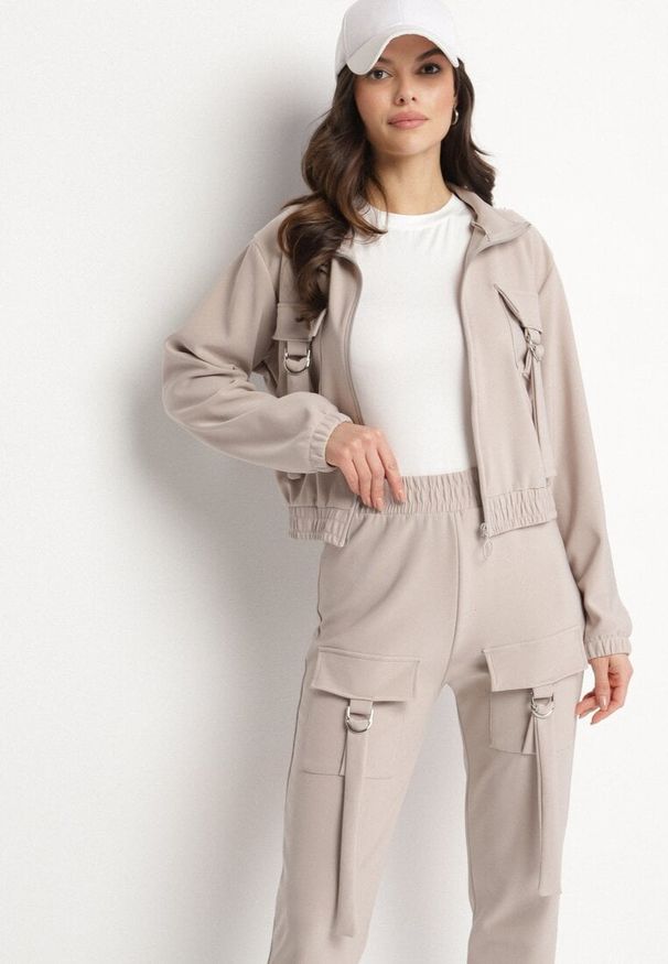 Born2be - Beżowy Komplet Dresowy Bluza Rozpinana i Spodnie Slim w Stylu Utility Telavienna. Kolor: beżowy. Materiał: dresówka