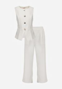 Born2be - Biały Komplet Garniturowy z Bawełną Kamizelka i Szerokie Spodnie Sererissa. Kolor: biały. Materiał: bawełna #3