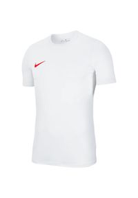 Koszulka piłkarska dziecięca Nike Dry Park VII treningowa szybkoschnąca Dri Fit. Kolor: czerwony, wielokolorowy, biały. Technologia: Dri-Fit (Nike). Sport: piłka nożna