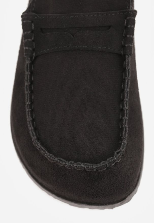 Born2be - Czarne Klapki w Stylu Muli na Korkowej Podeszwie z Przeszyciami Sophereia. Okazja: na co dzień. Kolor: czarny. Materiał: len. Wzór: aplikacja. Styl: casual, klasyczny