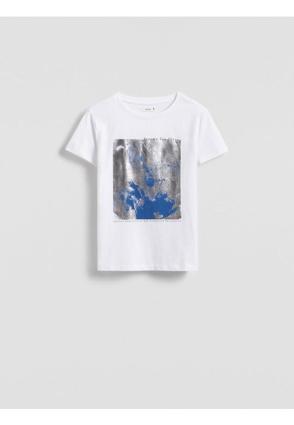 Reserved - Bawełniany t-shirt z nadrukiem - biały. Kolor: biały. Materiał: bawełna. Wzór: nadruk