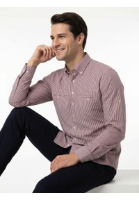 Ravanelli - Modna Koszula z Kołnierzykiem na Guziki - Czerwona W Prążek. Typ kołnierza: button down. Kolor: czerwony. Materiał: bawełna. Wzór: prążki #5
