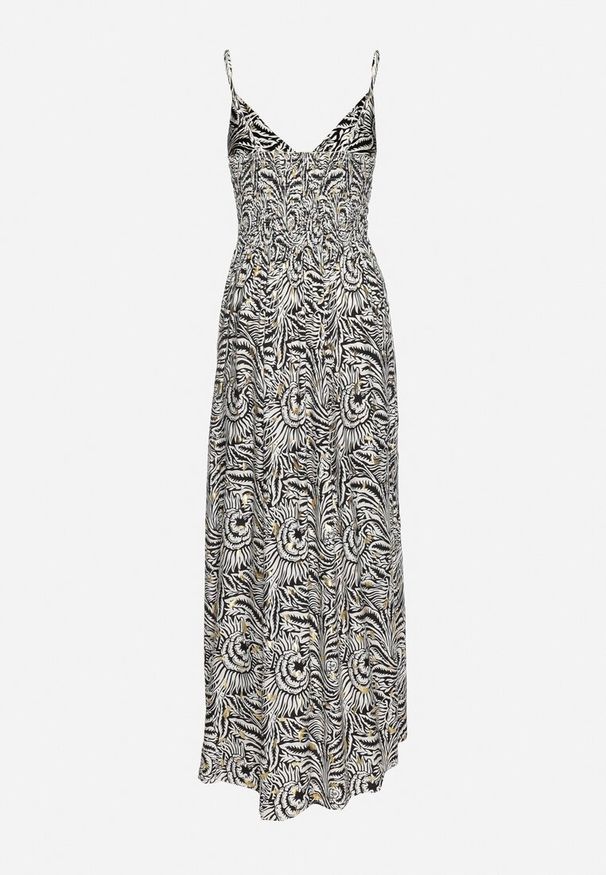 Born2be - Czarno-Biała Bawełniana Sukienka na Regulowanych Ramiączkach z Kopertowym Dekoltem Desvima. Okazja: na co dzień. Kolor: czarny. Materiał: bawełna. Długość rękawa: na ramiączkach. Wzór: nadruk. Sezon: lato. Typ sukienki: kopertowe. Styl: elegancki, casual, klasyczny