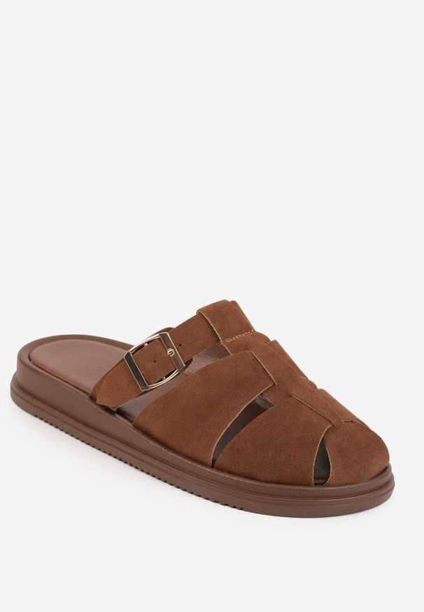 Born2be - Ciemnobrązowe Klapki z Paskami i Kwadratową Sprzączką Olyndar. Okazja: na co dzień. Kolor: brązowy. Materiał: jeans. Sezon: lato. Styl: casual