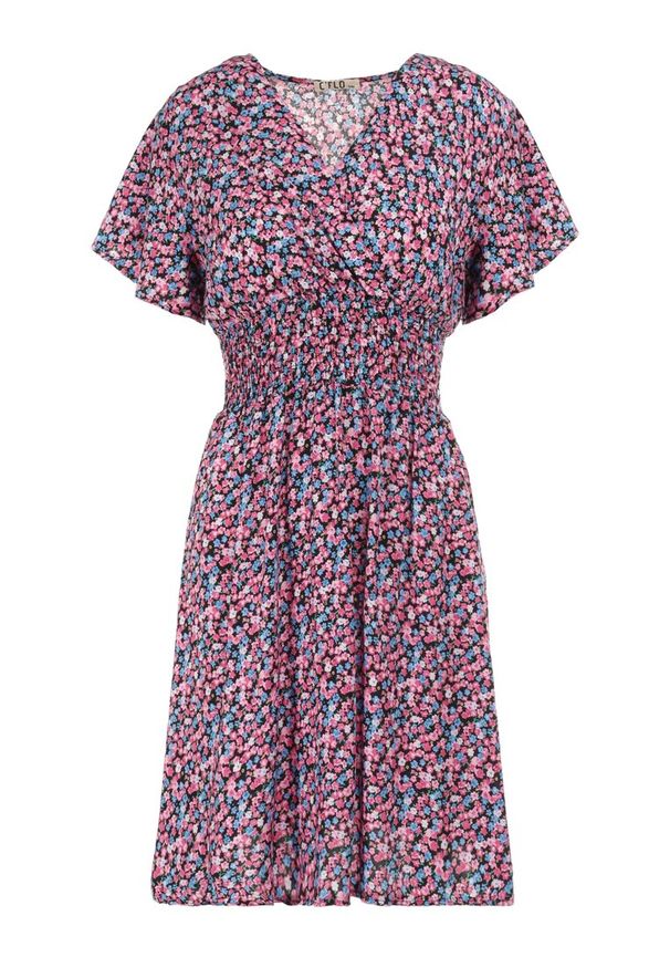 Born2be - Czarno-Różowa Sukienka Aesampos. Typ kołnierza: dekolt kopertowy. Kolor: czarny. Wzór: kwiaty. Sezon: lato. Typ sukienki: kopertowe. Długość: mini