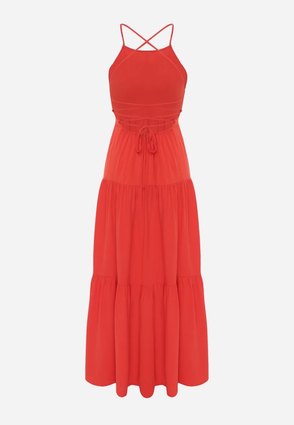 Born2be - Czerwona Maxi Sukienka na Cienkich Ramiączkach z Wiązaniem na Tyle Ozdobiona Falbankami Beatrics. Typ kołnierza: kołnierz z falbankami. Kolor: czerwony. Długość rękawa: na ramiączkach. Wzór: aplikacja. Długość: maxi