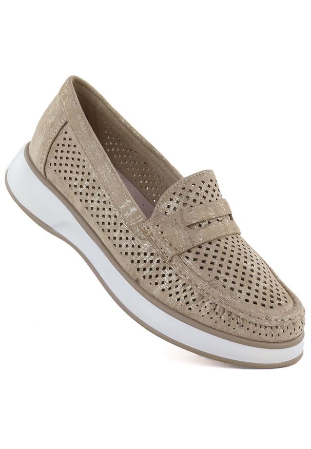 Sergio Leone - Półbuty damskie ażurowe lordsy złote Sergo Leone MK098H. Kolor: złoty. Materiał: tkanina. Wzór: ażurowy