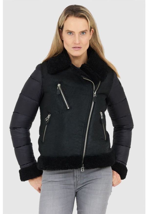 Blauer USA - BLAUER Czarny kożuch damski z pikowanymi rękawami, Rozmiar L. Kolor: czarny