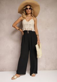 Renee - Czarne Spodnie w Stylu Alladynek High Waist Wykończone Gumką w Pasie Riselma. Okazja: na co dzień. Stan: podwyższony. Kolor: czarny. Styl: sportowy, casual