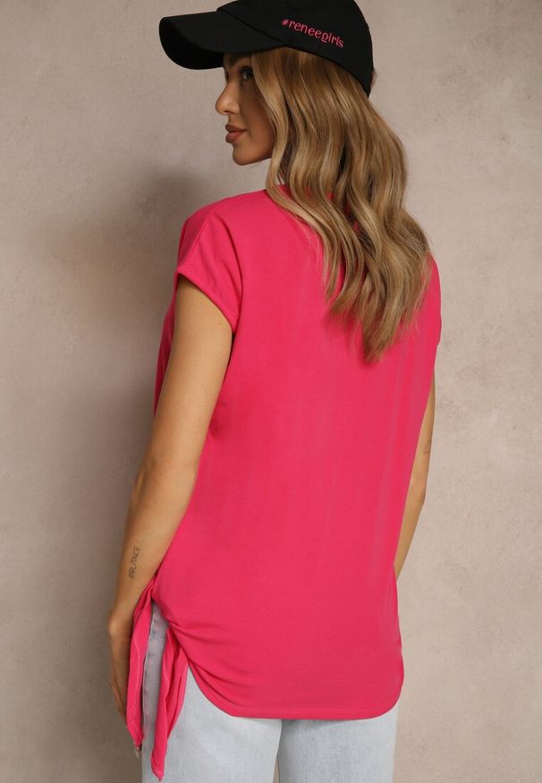 Renee - Różowy T-shirt z Bawełny z Ozdobnym Wiązaniem Termio. Okazja: na spotkanie biznesowe, do pracy. Kolor: różowy. Materiał: bawełna. Styl: biznesowy, klasyczny