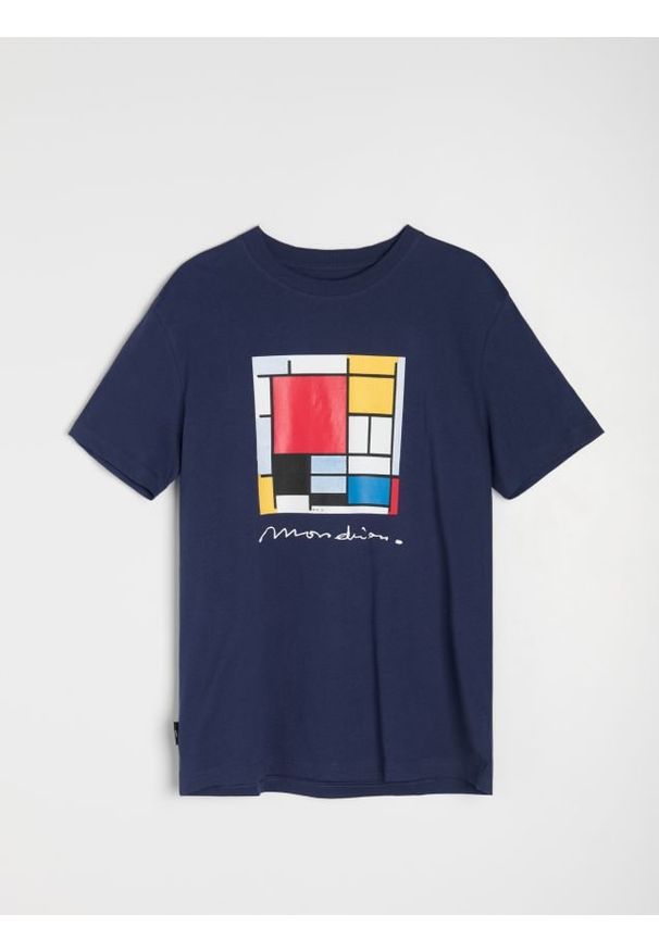 Sinsay - Bawełniana koszulka z nadrukiem - granatowy. Kolor: niebieski. Materiał: bawełna. Wzór: nadruk