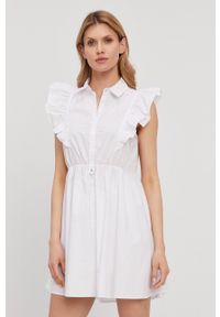 Patrizia Pepe Sukienka kolor biały mini rozkloszowana. Kolor: biały. Materiał: tkanina. Wzór: gładki. Typ sukienki: rozkloszowane. Długość: mini #5