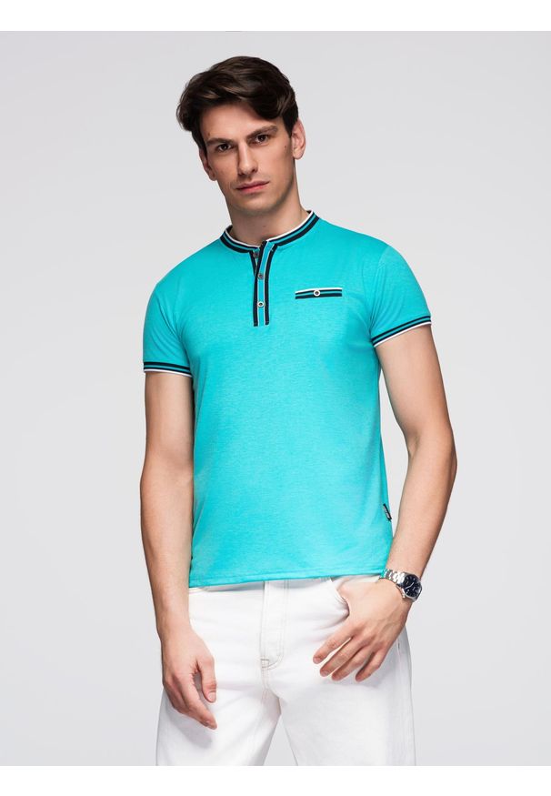 Ombre Clothing - T-shirt męski henley ozdobnymi ściągaczami - turkusowy V7. Okazja: na co dzień. Typ kołnierza: typu henley. Kolor: turkusowy. Materiał: żakard, poliester, materiał, elastan, jedwab, wiskoza. Wzór: paski, kolorowy, aplikacja. Styl: casual, klasyczny