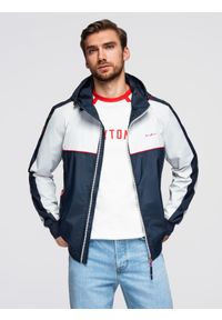 Ombre Clothing - Męska kontrastowa kurtka wiatrówka z kapturem - granatowo-biała V1 - Rozmiar: M. Typ kołnierza: kaptur. Kolor: biały. Materiał: guma, jeans, poliester, materiał. Wzór: aplikacja. Styl: sportowy, elegancki
