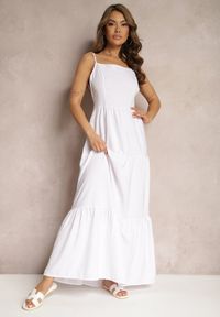 Renee - Biała Sukienka o Rozkloszowanym Fasonie Wiązana i Wykończona Gumką z Tyłu Hililena. Okazja: na co dzień. Kolor: biały. Styl: elegancki, casual