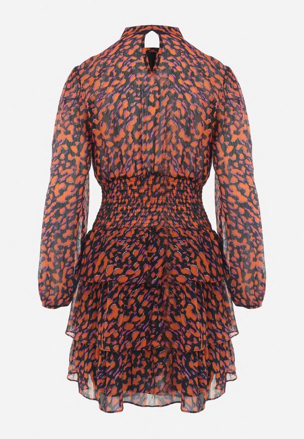 Born2be - Pomarańczowa Rozkloszowana Sukienka Mini w Modny Print Ozdobiona Brokatem Ifigentta. Kolor: pomarańczowy. Wzór: aplikacja, nadruk. Długość: mini