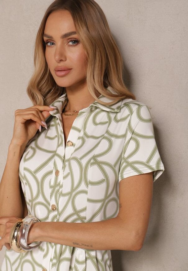 Renee - Zielona Sukienka z Wiskozą o Koszulowym Kroju z Geometrycznym Wzorem Saravione. Kolor: zielony. Materiał: wiskoza. Wzór: geometria. Sezon: lato. Typ sukienki: koszulowe. Styl: klasyczny, elegancki