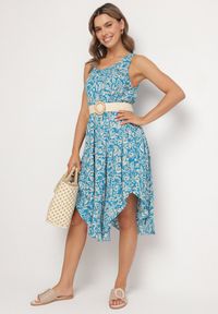 Born2be - Niebieska Asymetryczna Sukienka Bawełniana w Ornamentalny Wzór Natialira. Okazja: na co dzień. Kolor: niebieski. Materiał: bawełna. Typ sukienki: asymetryczne. Styl: elegancki, casual #5